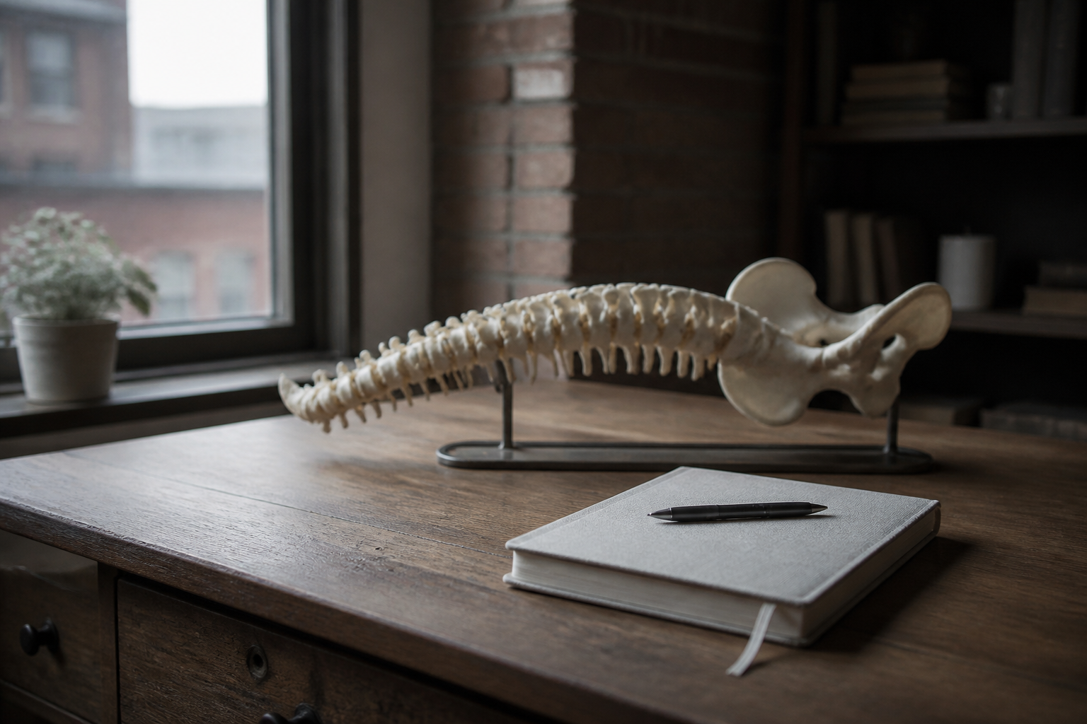 A wooden anatomical spine model on a worn oak desk in cool window light.